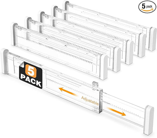 HiYZ Expandable Drawer Dividers - 12.6-22.8'' Adjustable Drawers Organizers for Kitchen Utensils, Drawer Separators in Bedroom, Dresser, Office, Bathroom, Fridge, 5 Pack Long Dividers-Clear