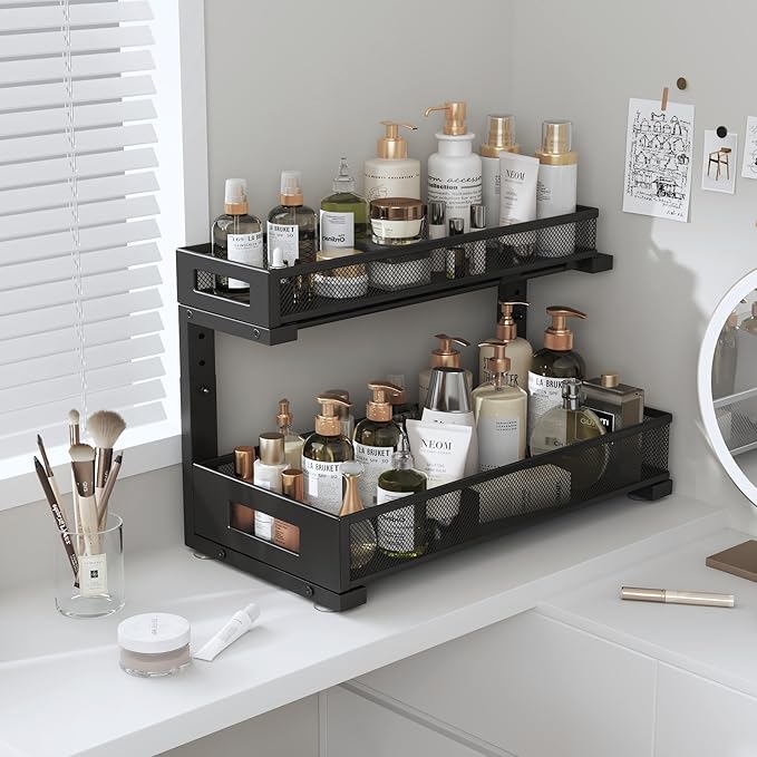 1 Pack 17IN Depth Under Sink Storage Organizer, Large 2-Tier Elegant Mesh Pull Out Shelf for Kitchen and Bathroom Cabinet Organization, L-Shaped and Adjustable Height Design-Black