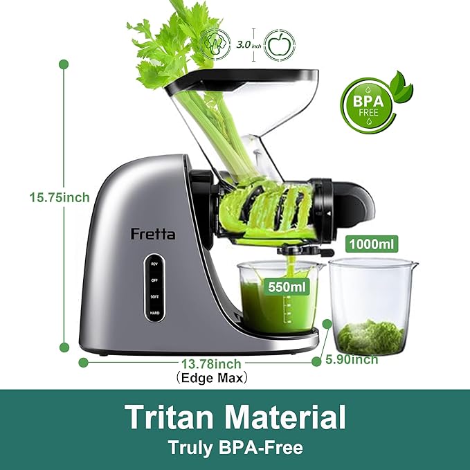 Juicer Machines Vegetable and Fruit, Cold Press Juicer, High Juice Yield Masticating Juicer,Juicer Squeezer with Reverse Function, Tritan Material, Easy to Use and Clean 200W(Silver)