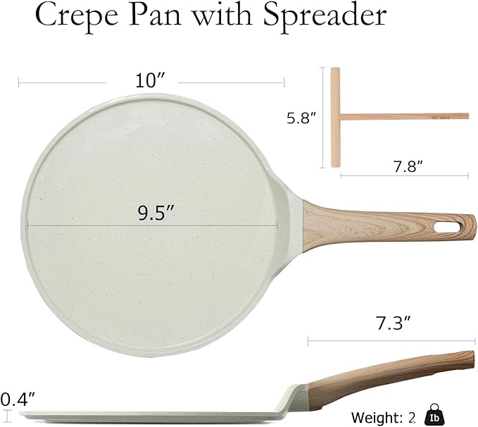 ESLITE LIFE 9.5 Inch Crepe Pan with Spreader, Nonstick Ceramic Flat Skillet Dosa Tawa Comales Para Tortillas Pancake Pan, PTFE & PFOA Free, White