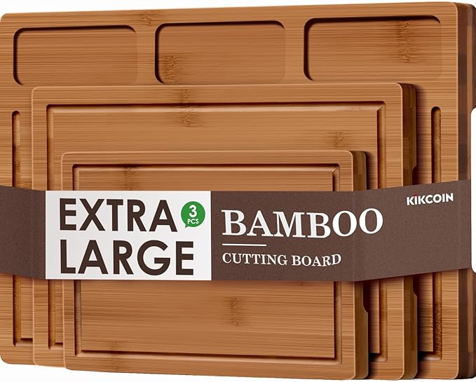 Kikcoin Bamboo Cutting Boards for Kitchen, (Set of 3) Kitchen Chopping Board with 3 Built-In Compartments and Juice Groove Heavy Duty Serving Tray Wood Butcher Block and Wooden Carving Board, Brown
