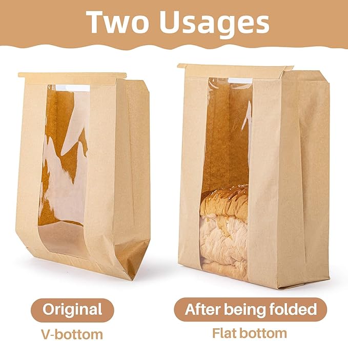 100Pcs Bread Bags with Reusable Ties - Homemade Sourdough Bread Storage Bags Brown Paper Bagel Loaf Bakery Bags with Window Toast Bags with Resealable Tie Disposable Baked Goods Sale Packaging