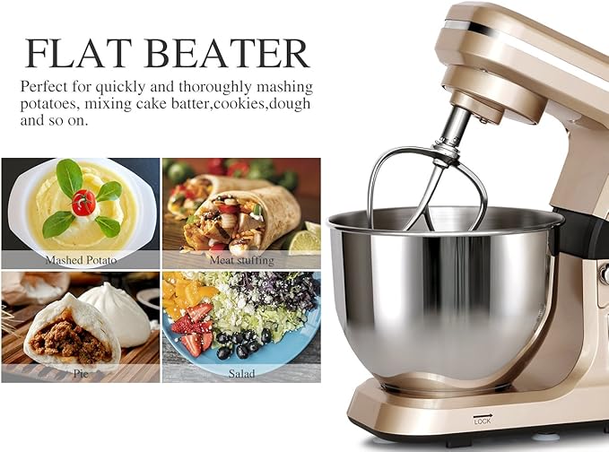 Stand Mixer,5.3-Qt & 500W & 6+P Speed MK36 Tilt-Head Kitchen Electric Food Mixers Home Baking Dough Machine with Accessories (Champagne)