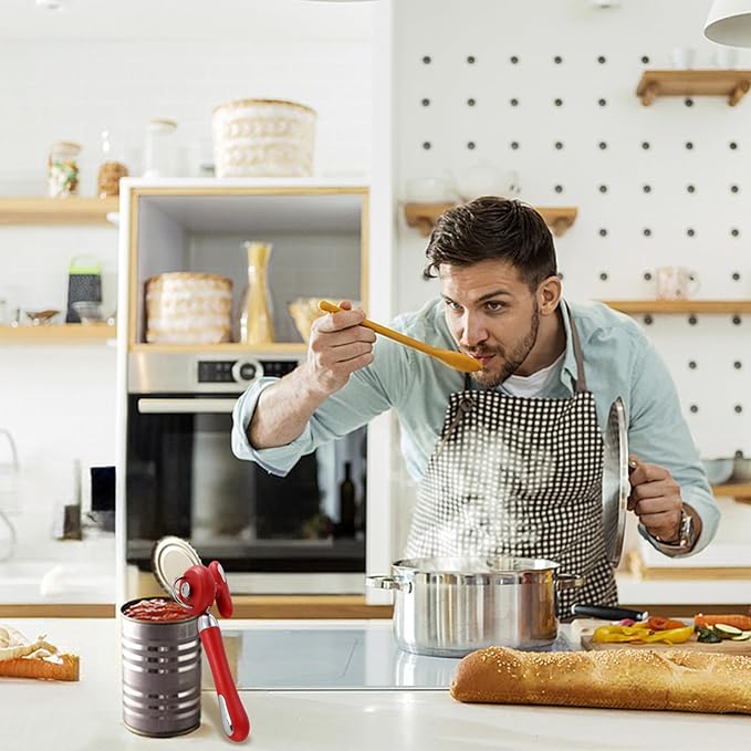 Can Opener Manual Tin Opener Stainless Steel Heavy Duty, Oversized Hand-held Easy Rotary Knob, Safe Cut Manual Can Opener with Non-Slip Handle, Smoother Cut Sharp Blade for Seniors Kitchen Tool, Red