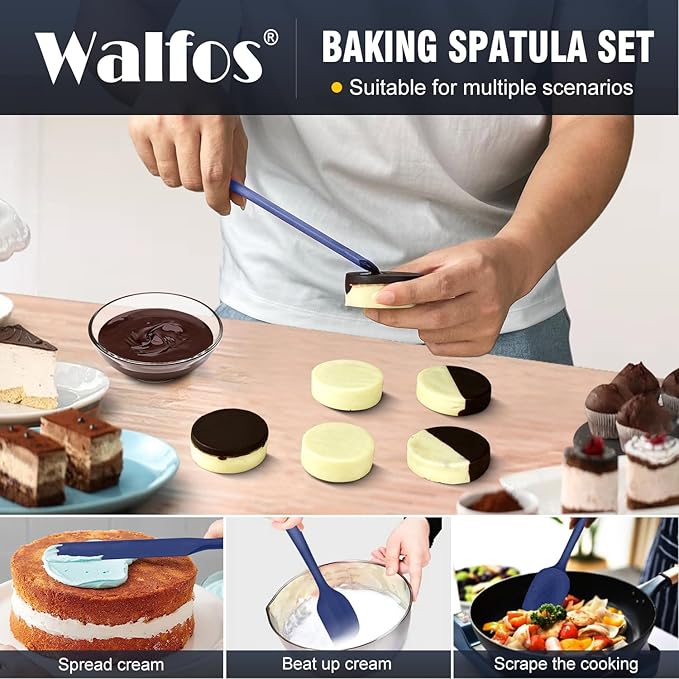 Walfos Silicone Spatula Set (5pcs) - 600℉ High Heat Resistant Kitchen Spoon Navy Blue Spatulas for Cooking Mixing & Baking, Strong Steel Core and One-Pieces Seamless Design, BPA Free Dishwasher Safe