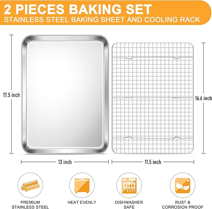 E-far Baking Sheet with Wire Rack Set, 17.6” x 13” Stainless Steel Cookie Sheet Baking Pan for Oven, Rimmed Large Metal Tray with Cooling Rack for Cooking Roasting, Non-Toxic & Dishwasher Safe