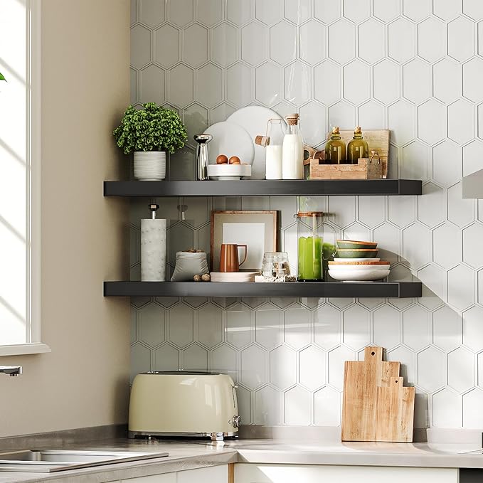 HOOBRO Floating Shelves for Wall, Wall Mounted Shelf Set of 2, 31.5" Hanging Shelf with Invisible Brackets, for Wall in Bathroom, Bedroom, Toilet, Kitchen, Living Room, Office, Black BK80BJP201