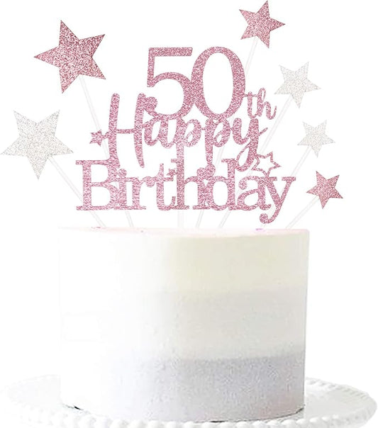 Glittery 50th Happy Birthday Cake Topper with Star,Personalised 50 Birthday Cake Toppers Party Decorations Party Supplies for Men Women Rose Gold