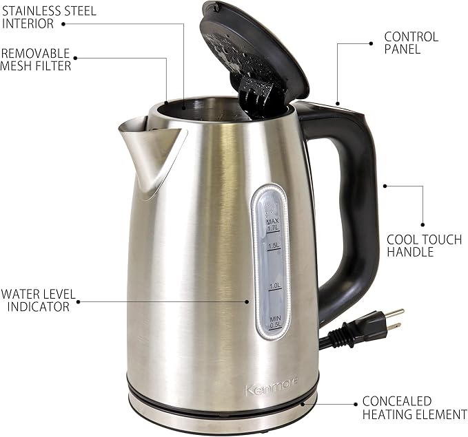 Kenmore Electric Kettle - Cordless Digital Calentador De Agua, Stainless Steel Instant Tea Pot, Preset Temperature Control, Automatic Shut-Off, Rapid Boil, Hot Water Boiling Heater, 1.7 Liter Silver