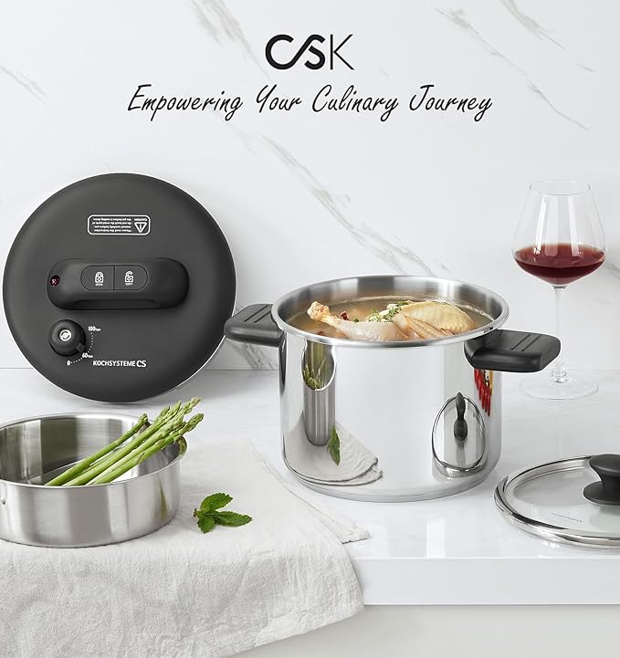 KOCH SYSTEME CS Stainless Steel Pressure Cooker 8.5 Quart, Olla de Presion, 3 PSI Settings, 18/10 Stainless Steel Pressure Cooker, One-Press Lock Pressure Cookers, Induction Ready, Glass Lid & Steamer