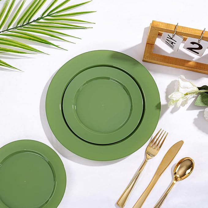 I00000 200 Pcs Green Plastic Plates, Green Disposable Plates Include 100 Dinner Plate 10’’ and 100 Dessert Plate 7’’ Perfect for Birthday, Party & Wedding
