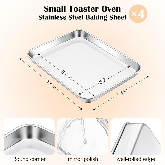 E-far 4 Pack Toaster Oven Trays, 9.4”x7.3” Stainless Steel Small Baking Cookie Sheets, Mini Non-toxic Metal Baking Pans for Cake, Healthy & Rust Free, Mirror Finish & Dishwasher Safe