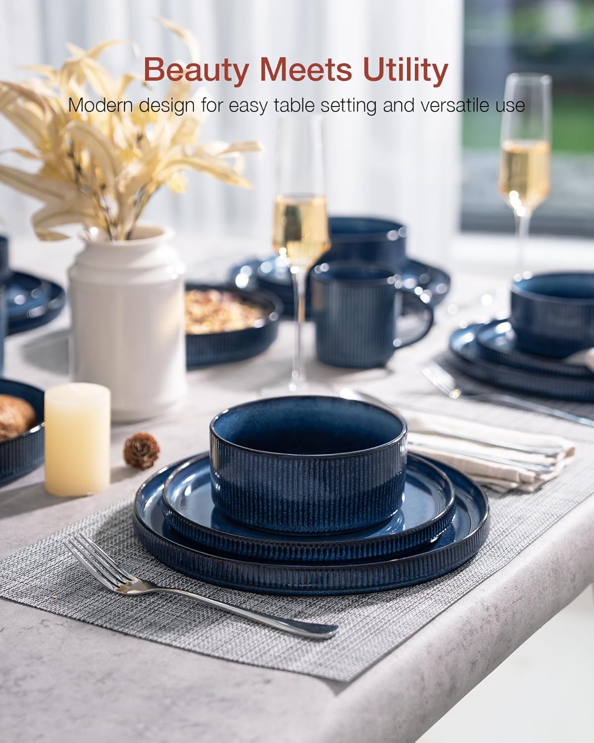 Famiware Star Dinnerware Set with Pasta Bowls, Service for 4 (16pcs), Ribbed Stoneware Plates and Bowls Dishes Sets - Chip & Scratch Resistant, Microwave & Dishwasher Safe, Nebulas Blue