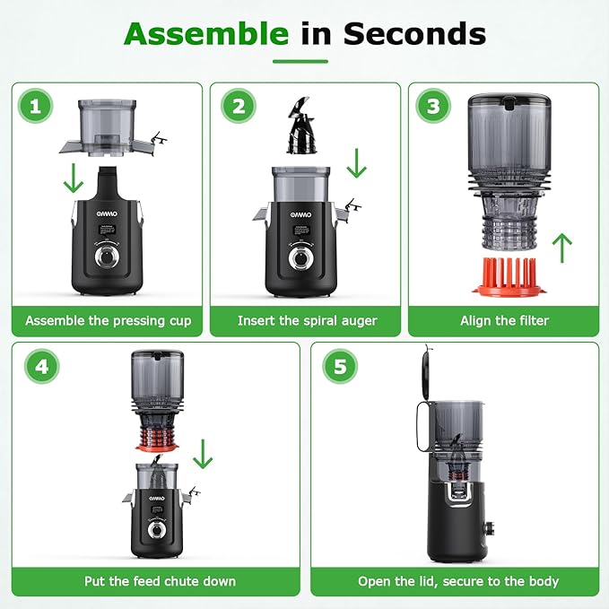 OMMO Cold Press Juicer Machines: 5.1" Wide Chute for Whole Fruits & Veggies, BPA Free Slow Juicer Easy Clean, Beep Alert, Slow Masticating Juicers for Moms/Families/Fitness/Juice Life/Healthy Living