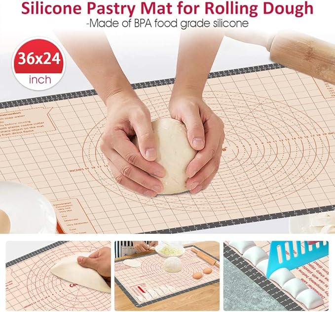 Silicone Pastry Mat 36 x 24 Inch - Larger Silicone Baking Pastry Mat for Rolling Dough,Non Slip Silicon Dough Sheet with Measurement,Perfect for Making Pie,Pizza(Gray)