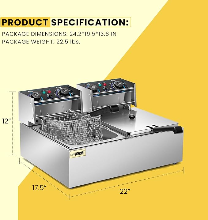 VIVOHOME 5000W 20.7 Qt Electric Deep Fryer with 60-Min Timer and Temperature Control, 2 x 6.35 QT Removable Baskets for Commercial and Home Use