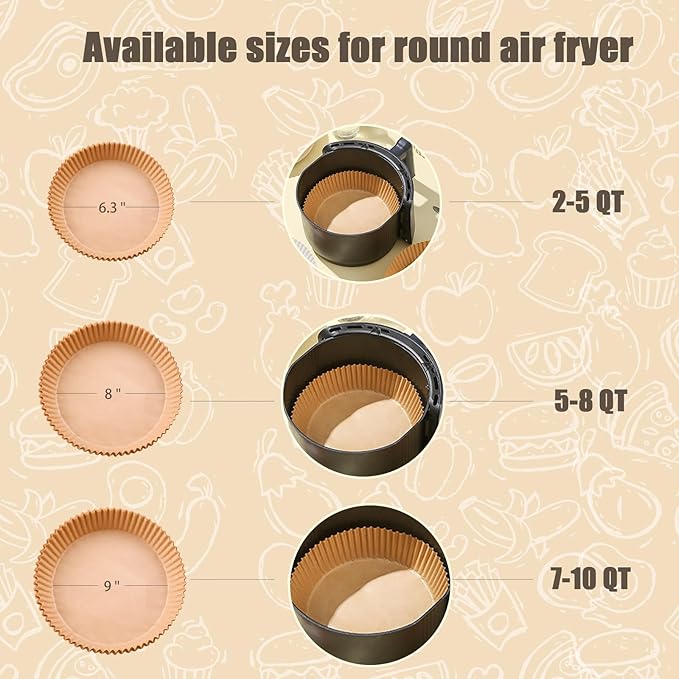 Disposable Paper Liner Round 250 Pcs for 4 to 8 Qt Air Fryer Baskets, Non-stick Oil-proof Parchment Liner Cooking Paper