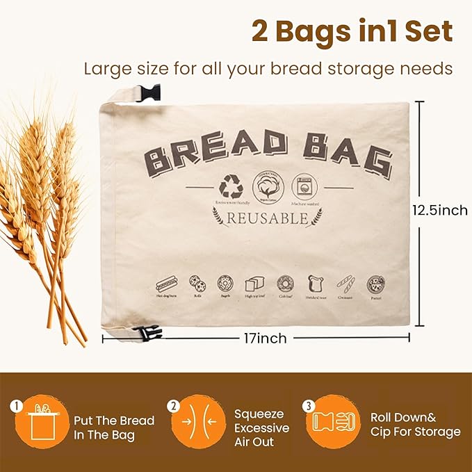 2-Pack Bread Bags, Reusable Bread Bags for Homemade Bread, Buckle Closure,Fresh Keeping Extra Large Bags, Food Bag (Beige)