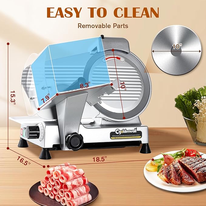 CGOLDENWALL Meat Slicer Machine, 10" 240W Electric Deli Meat Cheese Food Slicer, 0-1/2" Adjustable Thickness Semi-Auto Frozen Meat Slicer for Home & Commercial, Copper Motor Low Noise Durable