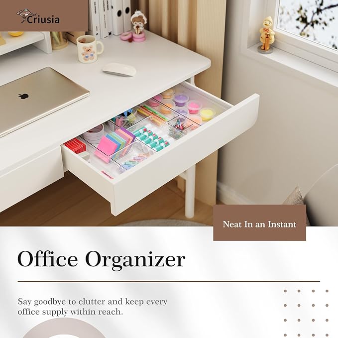 Criusia 11 PCS Clear Plastic Drawer Organizer Set - 5 Large Size Versatile Kitchen and Bathroom Organizer Trays, Non-Slip Storage Bins for Makeup, Utensils, Tool and Office Desk