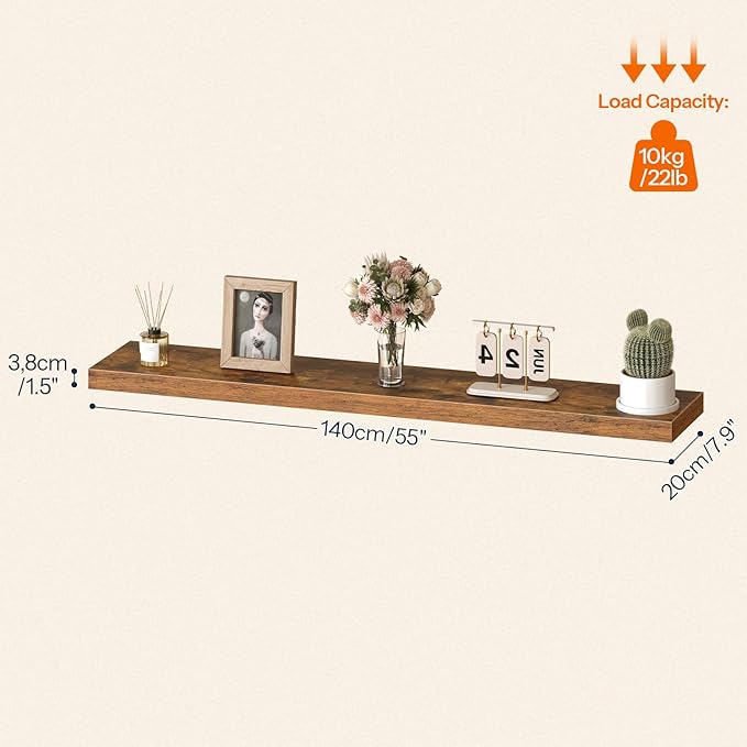 HOOBRO Floating Shelves for Wall, Wall Mounted Shelf Set of 2, 55" Hanging Shelf with Invisible Brackets, for Wall in Bathroom, Bedroom, Toilet, Kitchen, Living Room, Office, Rustic Brown BF140BJP201