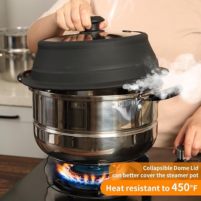 Collapsible Microwave Splatter Lid with Vented Tempered Glass Cover Wok Lid for Microwave Safe, Stockpot Steamer Pot Pan 11-12.5 inch Universal Multifunction Silicone Cover