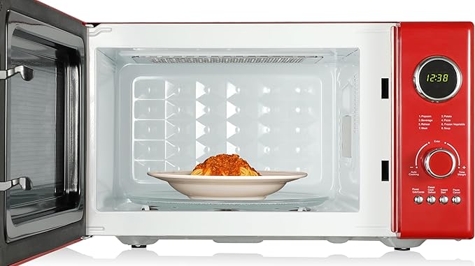 Emerson MWRG0901RD Retro Compact Countertop 800W Microwave Oven with 1,000W Grill Function, LED Display 5 Power Levels, 8 Auto Menus, Glass Turntable and Child Safe Lock, 0.9 Cu. Ft, Red