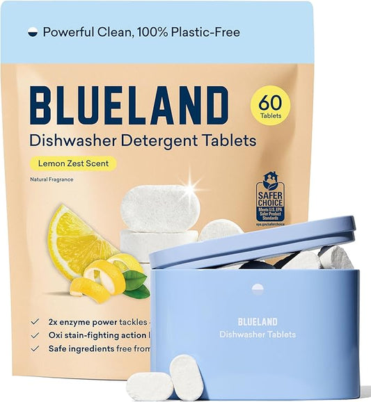 BLUELAND 100% Plastic-Free Dishwasher Detergent Tablets, Starter Set, 60 Count with Tin, Lemon Zest Eco Friendly Dishwashing Pods, Natural, Sustainable