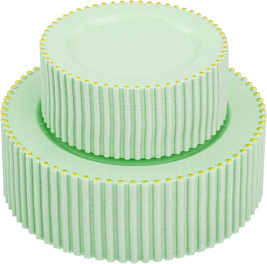 supernal 100pcs Green Disposable Plates - Green Heavy Duty Plastic Plates With Gold Beads - Include 10inch Dinner Plate and 7inch Plastic Dessert Plate - Disposable Serving Platters for Party,Wedding