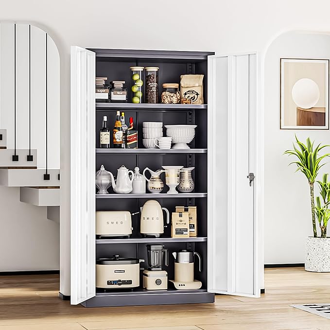 INTERGREAT Storage Cabinet, 72” Steel Locking Closet with Doors and 4 Adjustable Shelves, Tool Unit for Home Office, Garage & Tall Lockable File Cabinet, Grey White.