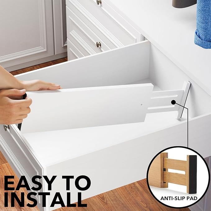 SpaceAid Bamboo Dresser Drawer Dividers 6 Pack, 4.65“ High Adjustable 17“-22” Drawer Organizers, Expandable Organization for Clothing, Clothes, Dressers, White