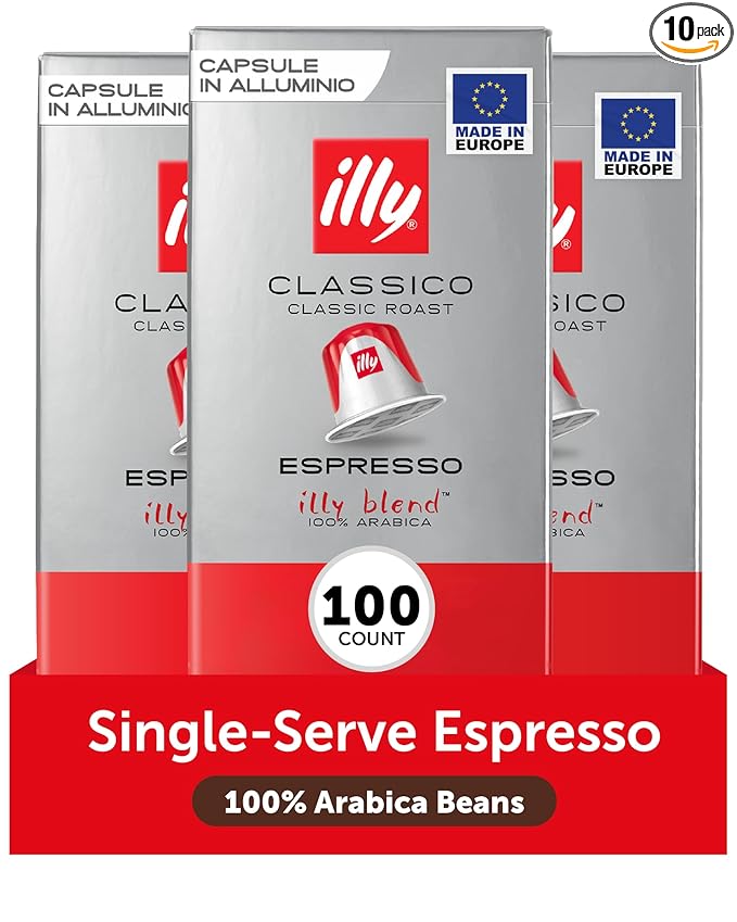 illy Aluminum Espresso Capsules - Compatible with Nespresso Machines - Classico Medium Roast Coffee - Mild & Balanced - Notes of Caramel, Orange Blossom & Jasmine Single Serve Capsules - 10 Count (Pack of 10)