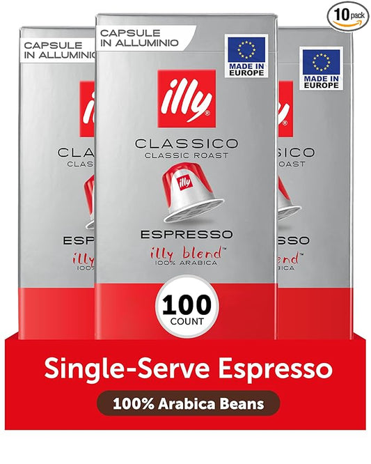 illy Aluminum Espresso Capsules - Compatible with Nespresso Machines - Classico Medium Roast Coffee - Mild & Balanced - Notes of Caramel, Orange Blossom & Jasmine Single Serve Capsules - 10 Count (Pack of 10)