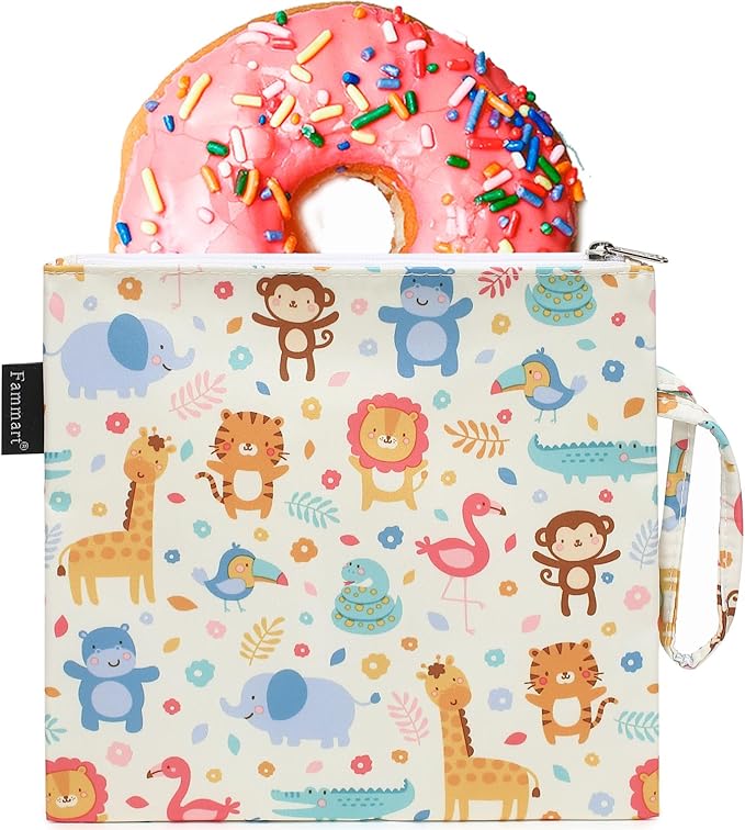 Reusable Sandwich Bag/Snack Bag for Kids & Adults, Dual Layer Lunch Bag with Handle, Washable, Food Safe, BPA Free (1-Pack, Zoo)