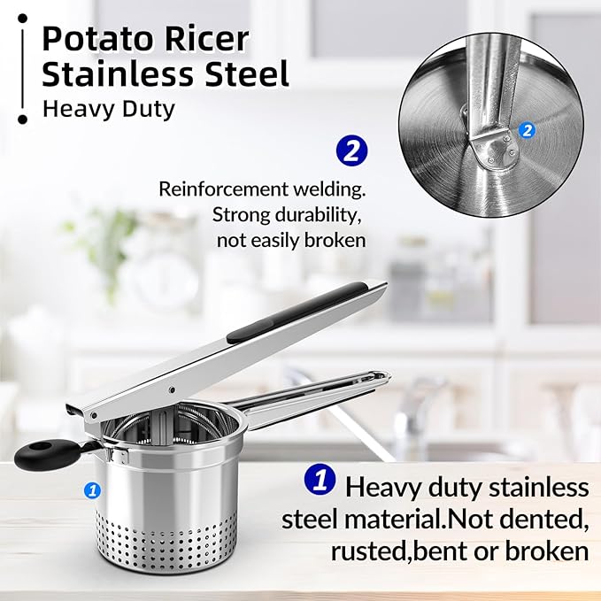 SPEENSUN Potato Ricer, Large 15 oz Potato Masher Make Fluffy Mashed Potatoes With Extra Hole, Heavy Duty Potato Ricer Stainless Steel, Comfort Non-slip Silicone Handle Ricer For Mashed Potatoes