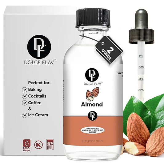 Dolce Flav Natural Almond Extract – 2 Ounce Water-Soluble Kosher, Sugar-Free, Concentrated Pure Almond Flavoring for Baking, Pastries & Beverages, Includes Measured Dropper