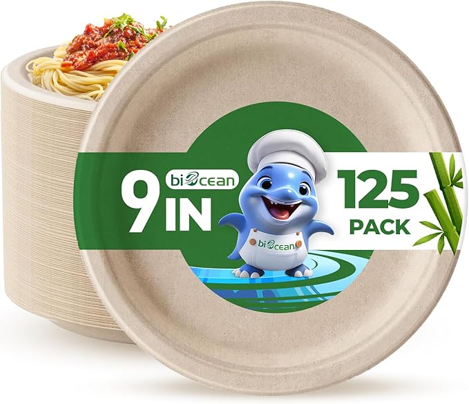 9 Inch Compostable Plates [125 Pack] - Heavy Duty Brown Compostable Paper Plate, Disposable Eco-Friendly Sugarcane Bagasse Plates for Dinner, Party, and Weddings (Round)