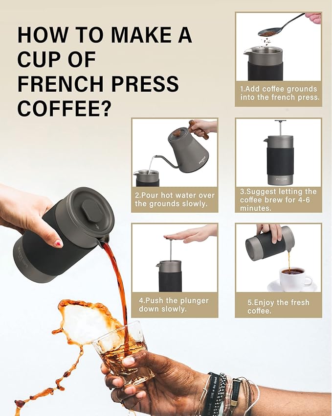 POLIVIAR French Press Coffee Maker, 12 oz Portable French Press with Mini Canister and Collection Bag, Double Wall Insulation & Dual- Filter Screen, Food Grade Stainless Steel for Coffee