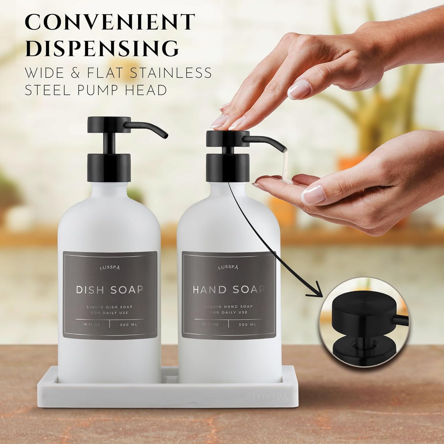 Lotion, Hand & Dish Soap Dispenser for Kitchen Sink - Bathroom Soap Dispenser Set of 2 16.8 Oz Glass Bottles with Stainless Steel Pump, 15 Water Proof Labels & Silicon Tray (White/Black)