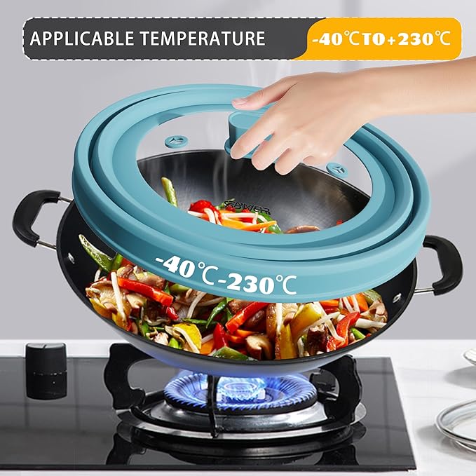 Microwave Splatter Cover, Vented Silicone and Glass Cover Splatter Guard Lid, Food Collapsible Plate Cover Lid with Easy Grip Handle. (Blue, 11.8 inch)