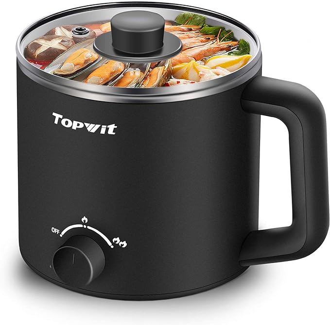 Topwit Hot Pot Electric, Electric Pot, 1.6L Ramen Cooker, Multifunctional Cooker for Pasta, Shabu-Shabu, Oatmeal, Soup and Egg with Over-Heating Protection, Boil Dry Protection, Black