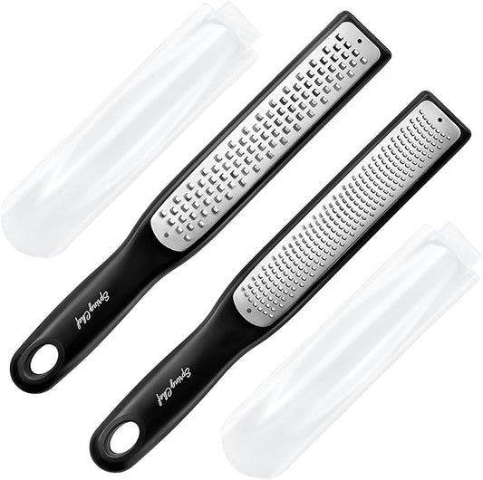 Spring Chef Premium Lemon Zester Grater with Handle - Ginger, Nutmeg, Garlic Grater - Heavy Duty Kitchen Tool - Stainless Steel Citrus Zester with Blade Cover - Fine & Coarse Shred, Set of 2, Black