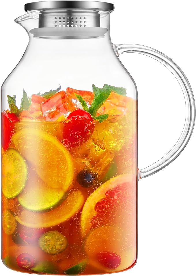 3 Liter 101 oz Glass Pitcher with Lid and Spout, Bivvclaz Glass Water Pitcher for Fridge, Glass Carafe for Hot/Cold Water, Iced Tea Pitcher, Large Jug for Coffee, Juice and Homemade Beverage