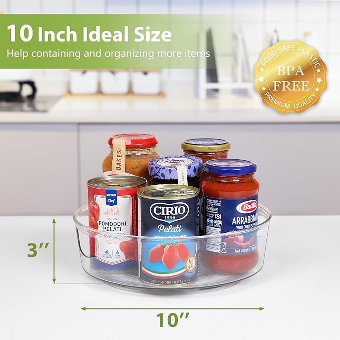 GUZON 4 Pack Lazy Susan Turntable for Cabinet, 10 Inch Lazy Susan Organizer with Handles and High Sides, Clear Rotating Organizer for Kitchen, Pantry, Dresser, Refrigerator, Bathroom, Table, Fridge