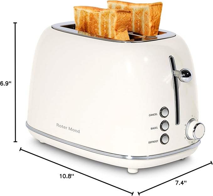 2 Slice Toaster Retro Stainless Steel with Bagel, Cancel, and Defrost Functions, 6 Bread Shade Settings, Extra Wide Slots and Removable Crumb Tray, Cream