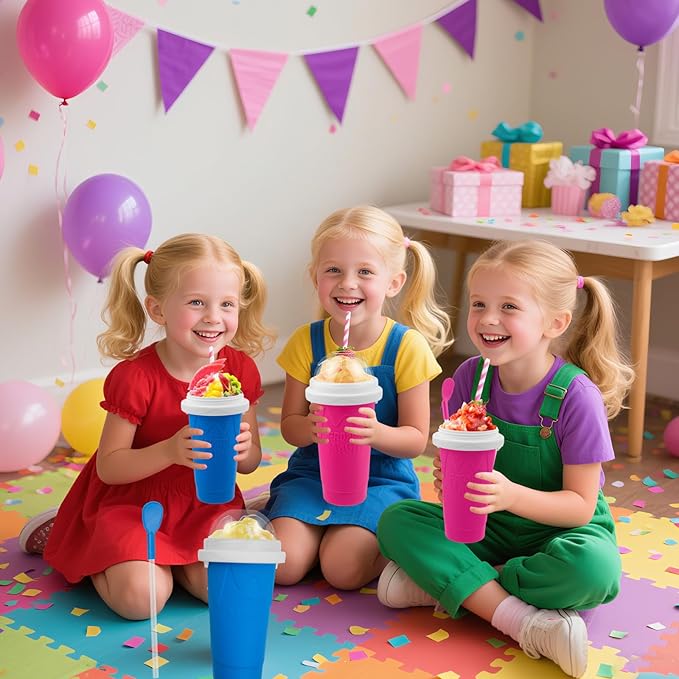 2PCS Slushie Maker Cup, Quick Frozen Magic Cups for Homemade Milk Shake Ice Cream Maker, Double Layer Squeeze Slushy Maker Cup, Birthday Gifts for Kids,Friends,Family (Blue+Pink)