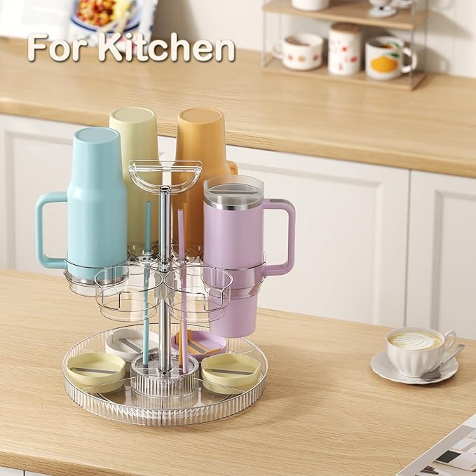 Rotating Stanley Cup Holder, Portable Water Bottle Organizer for 6 Stanley 40 oz & Mug, Adjustable Lazy Susan Organizer for Table Top Cabinet Home Countertop Pantry Shelf Tumbler Lid Organizer