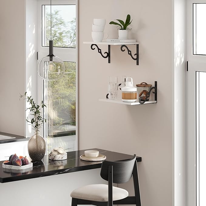 DINZI LVJ Deep Floating Shelves, 16" W x 12" D Wall Shelves Set of 2, Wide Display Shelf Wall Mounted with Brackets, Easy-to-Install Wall Bookshelf for Living Room, Bathroom, Bedroom, White