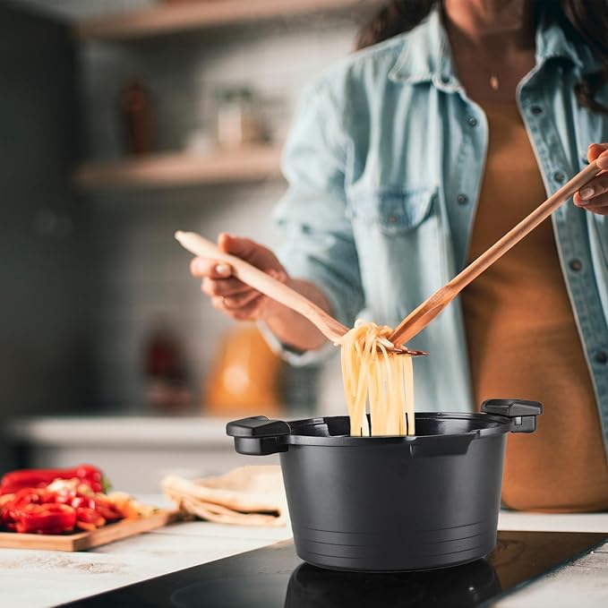 ACTIV CUISINE 5qt Pasta Pot with Strainer Lid, Cast Aluminum Stockpot Multipot, Nonstick Ceramic Coating make Cleanup easy with Tempered Glass Lid, Dishwasher Safe, Induction, Black