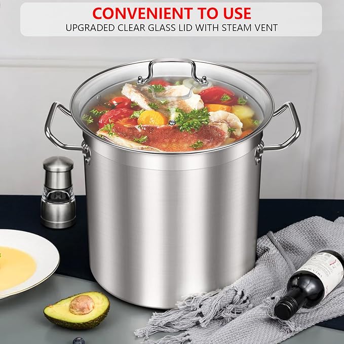 24 Quart Stainless Steel Stock Pot with Glass Lid – Heavy Duty Cooking Pot for Soup, Stew, Pasta – Induction Compatible, Dishwasher Safe – Ideal for Home & Commercial Use